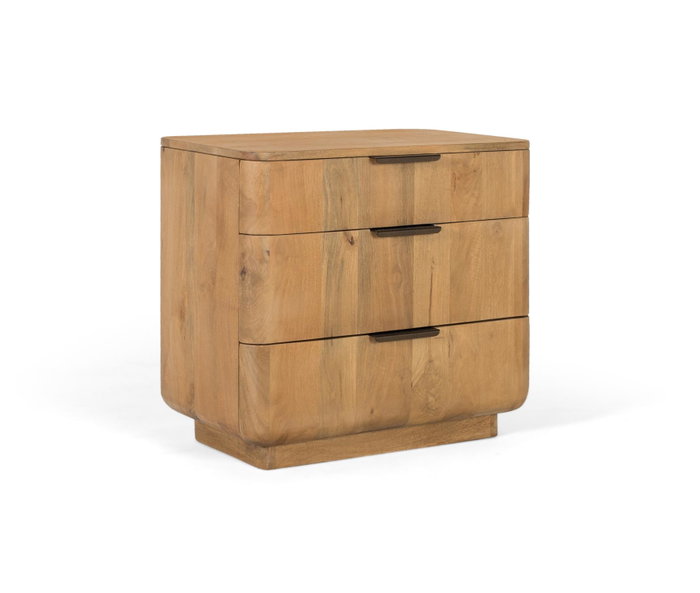 GINER Y COLOMER Table de nuit en bois de manguier naturel avec 3 tiroirs à glissières métalliques et coins arrondis - Design minimaliste moderne